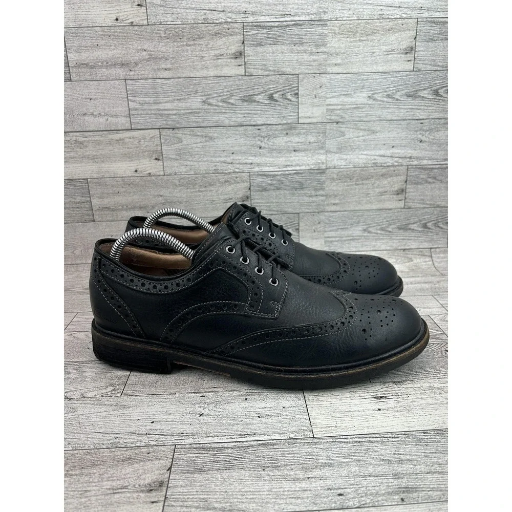 Clarks‎ Shoes Mens Size 9 Black Leather Wingtip Brogue Lace Up Cushioned Sole
